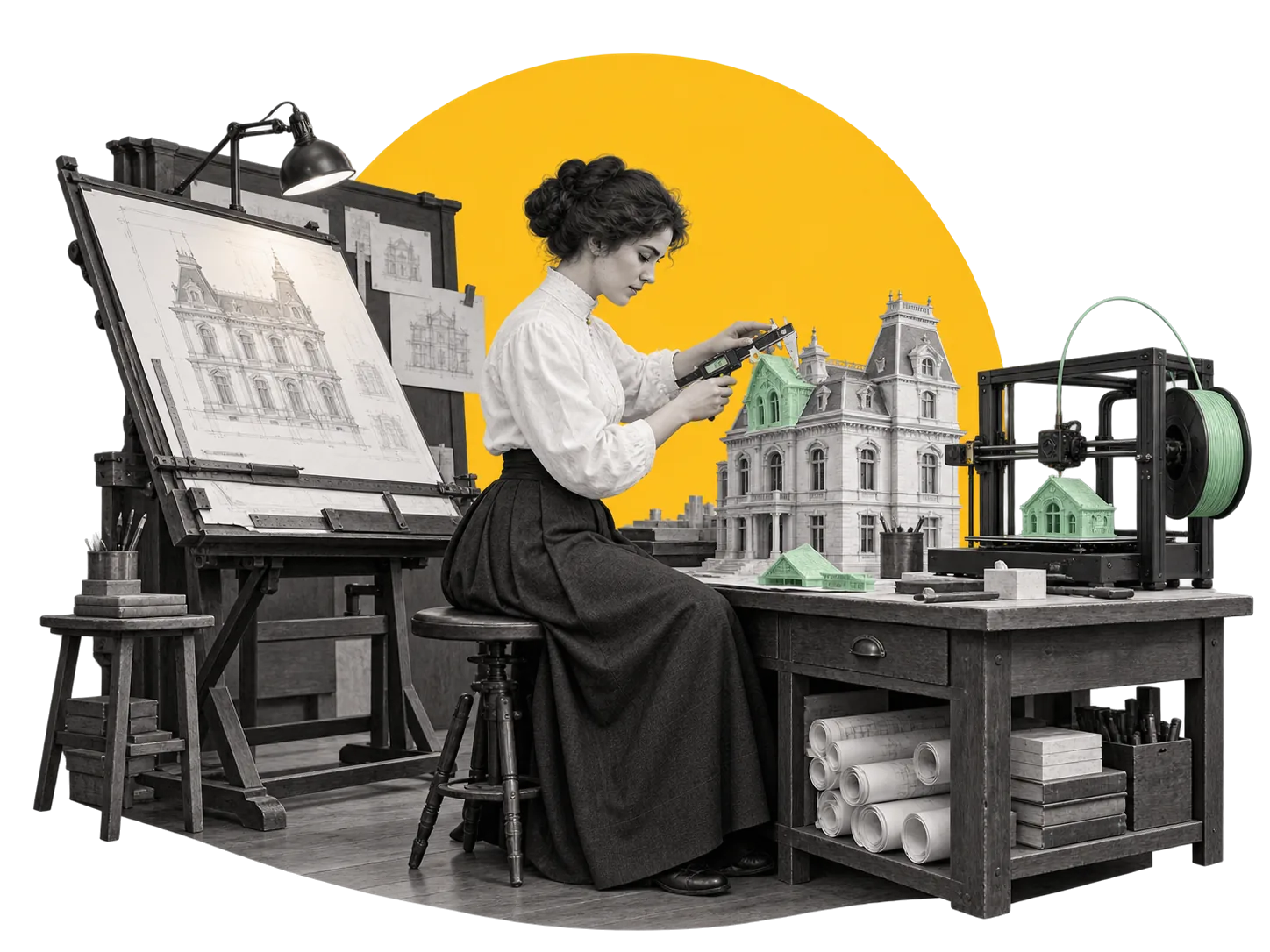 An architect checks a printed model roof with digital callipers, between her drawing board and a 3D printer making the next piece
