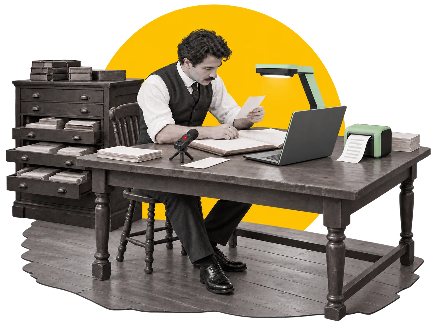 A man at a records-room desk reads a slip beside an open ledger, with a document scanner, a voice recorder and a small printer in mint