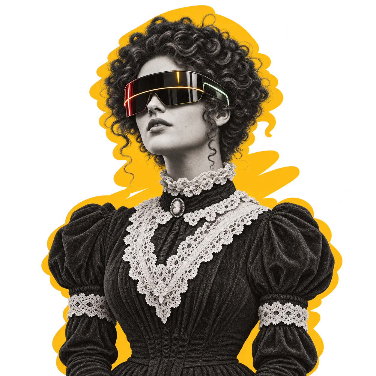 A realistic archival-style portrait of a woman in Victorian lace wearing a black glass visor, with yellow, mint and red reflections.
