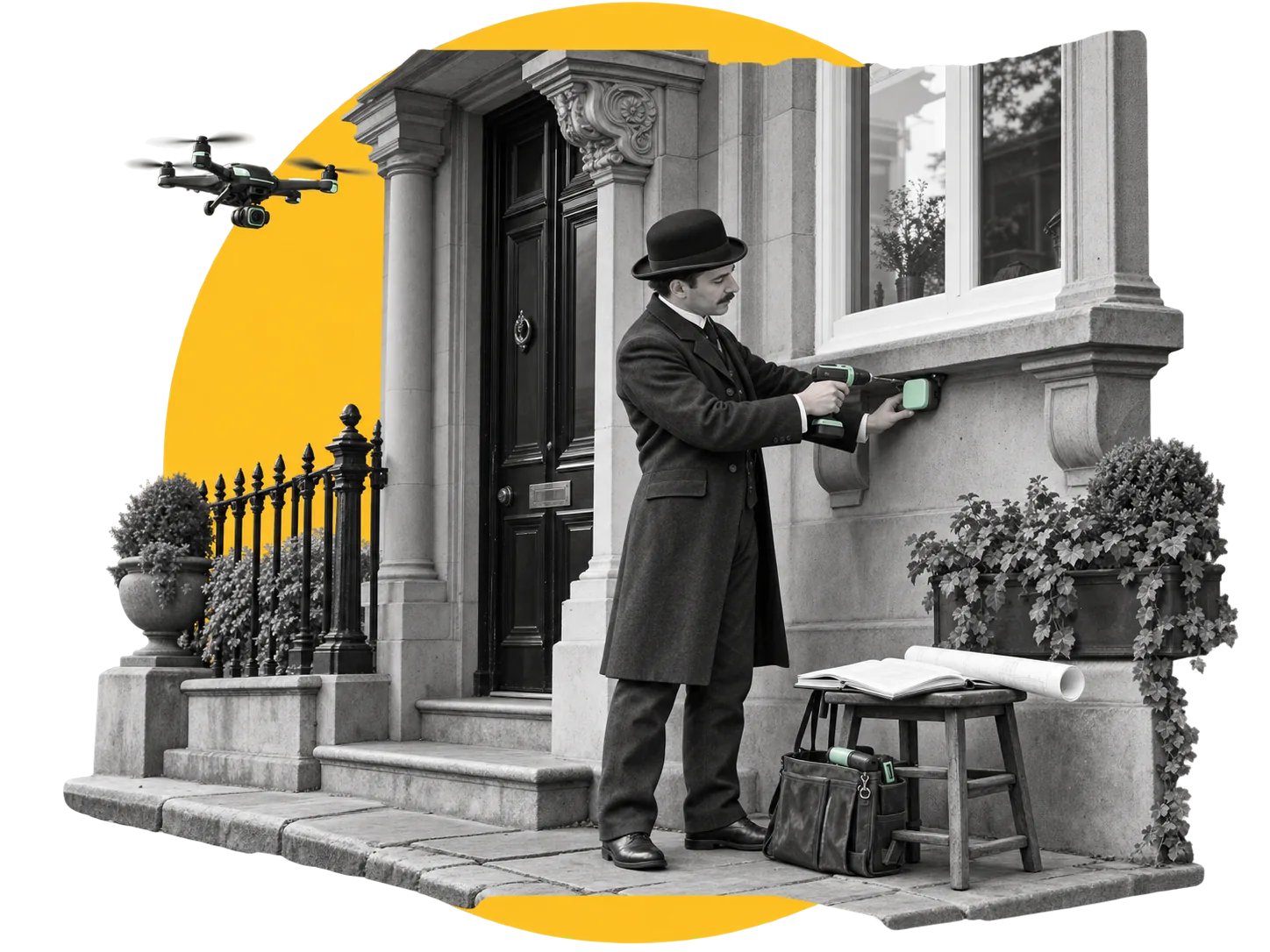 A man in a bowler hat fits a mint sensor to a townhouse wall with a cordless drill, while a drone checks the front of the house