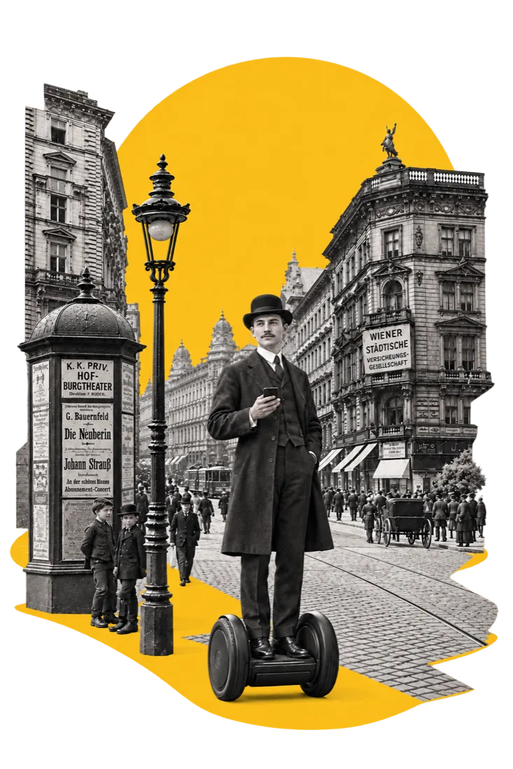 A man in an 1890s street, standing on a self-balancing scooter and looking at a phone