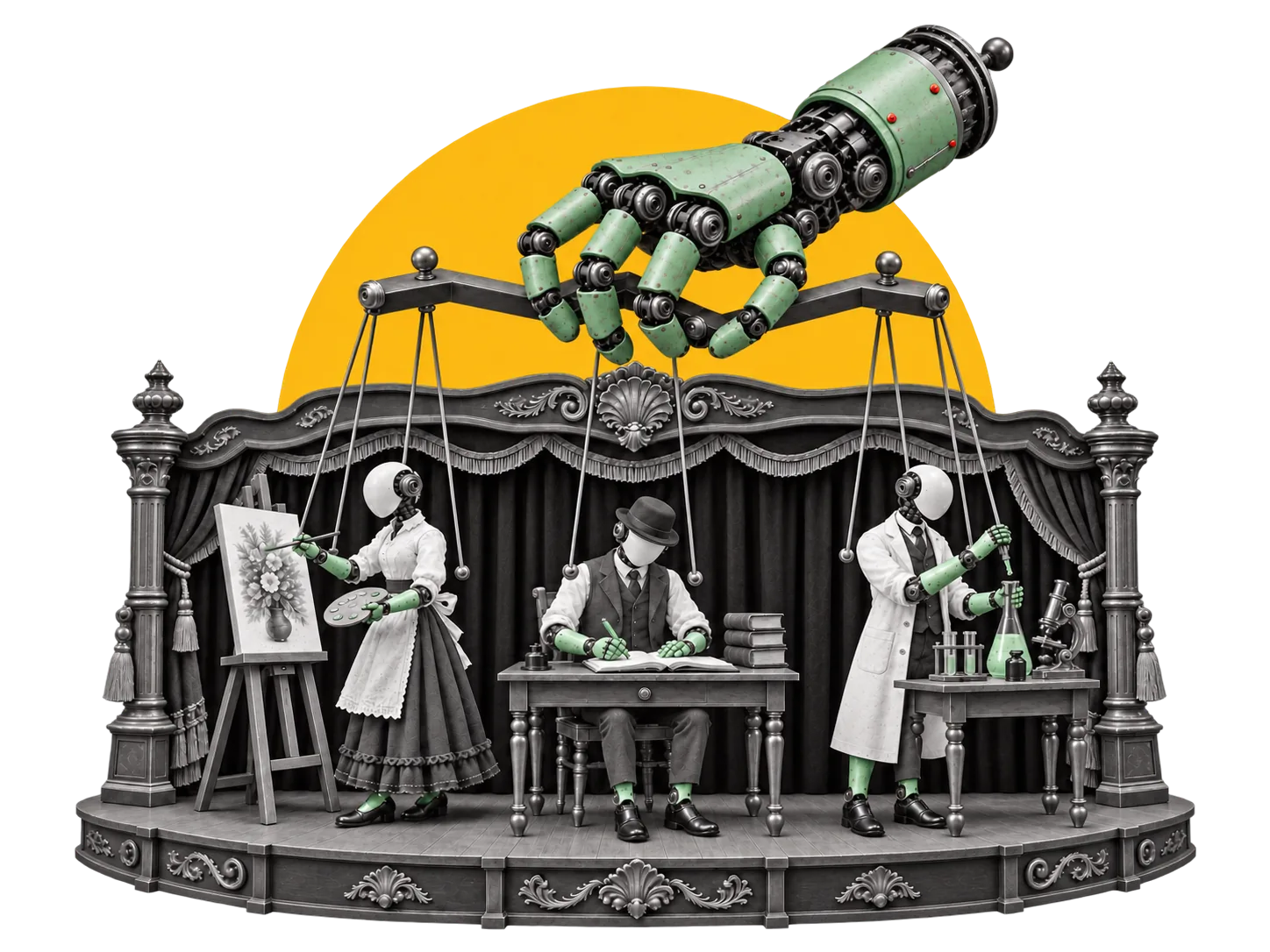 A mechanical hand directing three figures on a small stage: a painter, a writer and a scientist