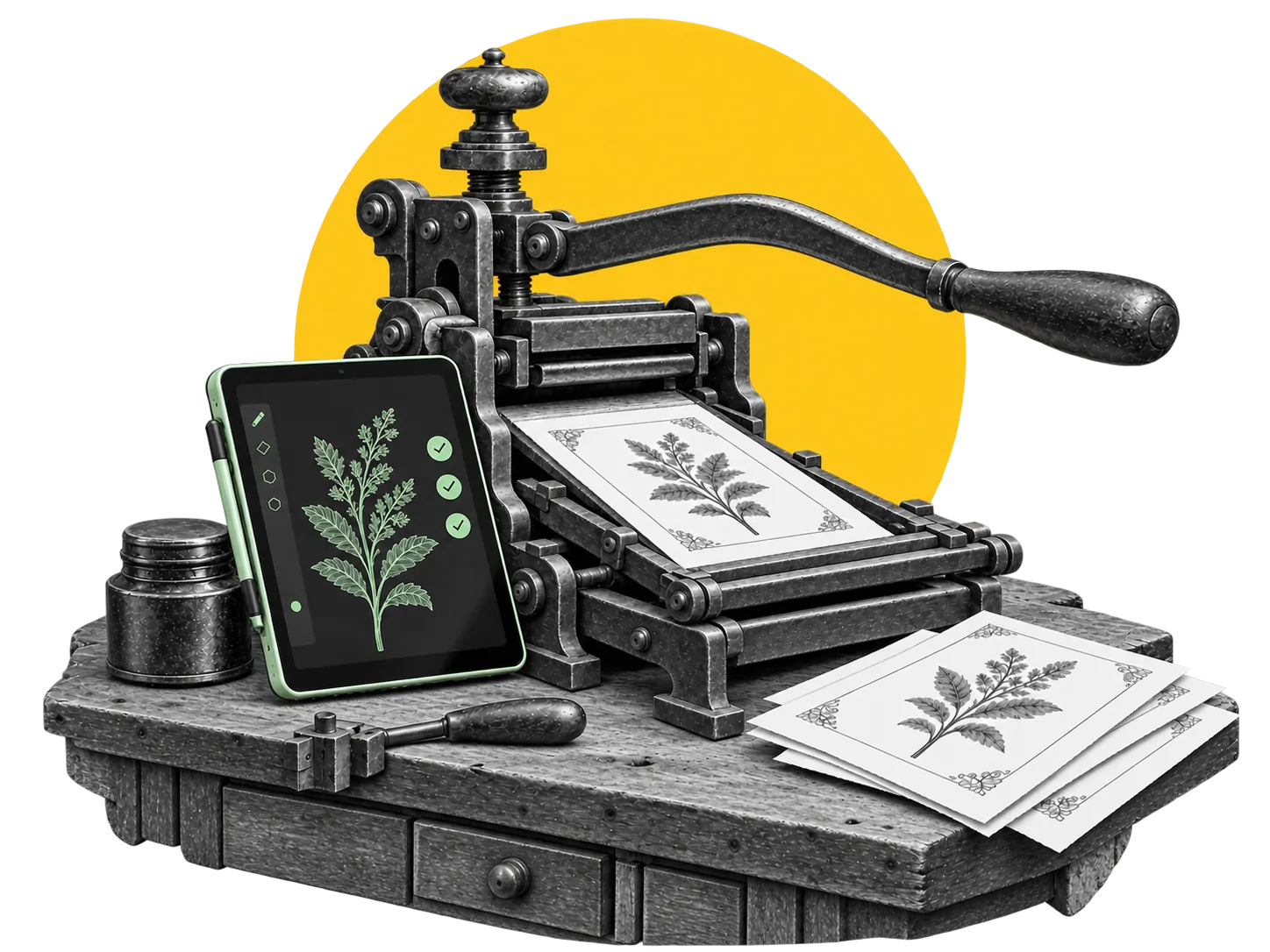 An old printing press beside a tablet showing the same botanical print with three checks