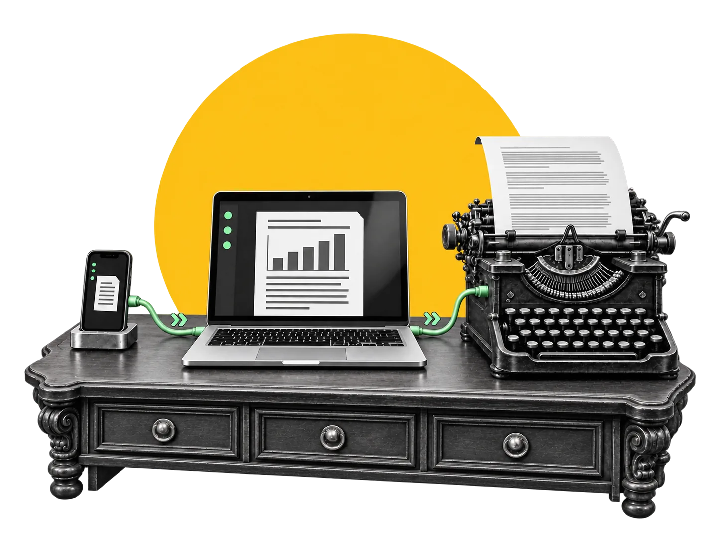 A phone, a laptop and a typewriter on a carved desk, joined by mint cables carrying a report from one to the next