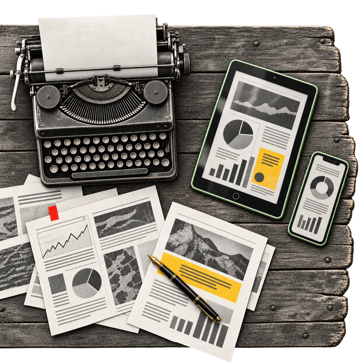 An overhead photographic collage of a wooden desktop with a mechanical typewriter, marketing reports, a mint-edged iPad and an iPhone.